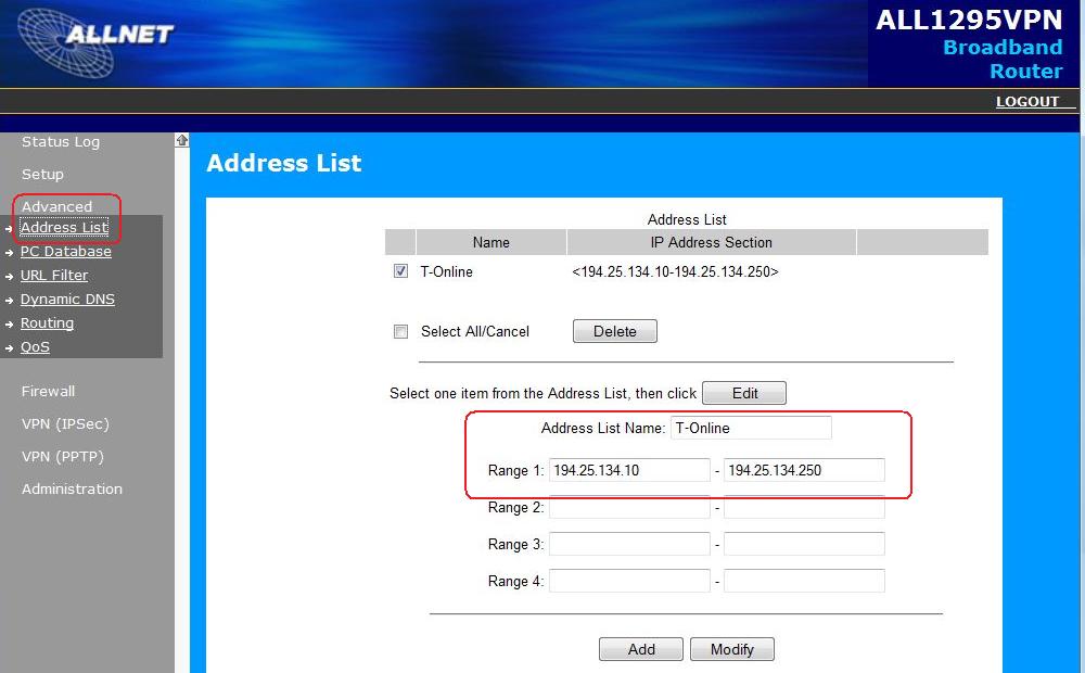 Adressliste Address List